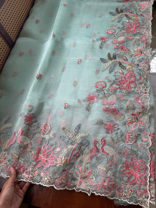 Delicate Tissue Organza Saree - Aqua Blue