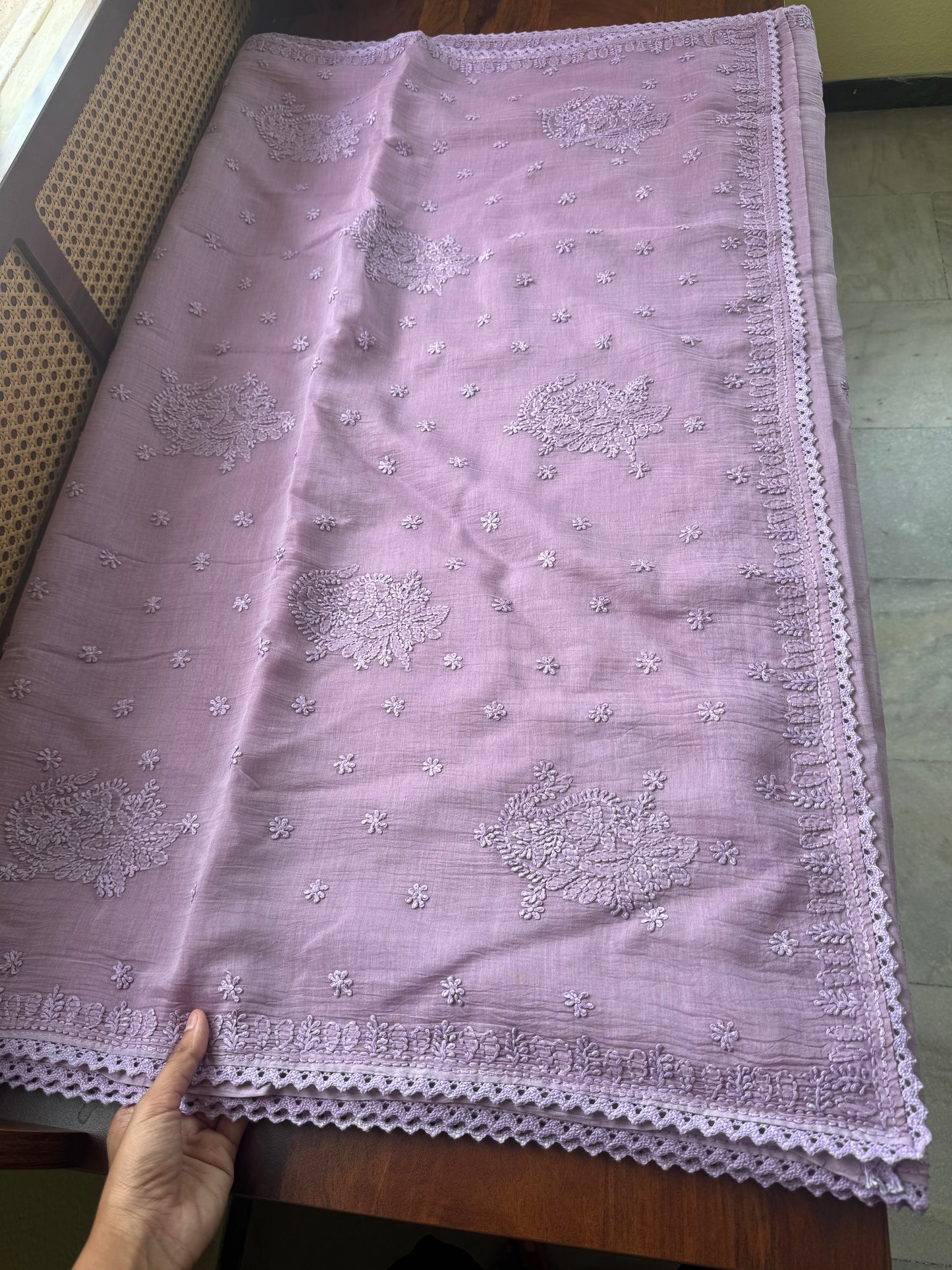 Pure Mul Chanderi Chikankari Saree with Jaal Pallu & Blouse - Lavender