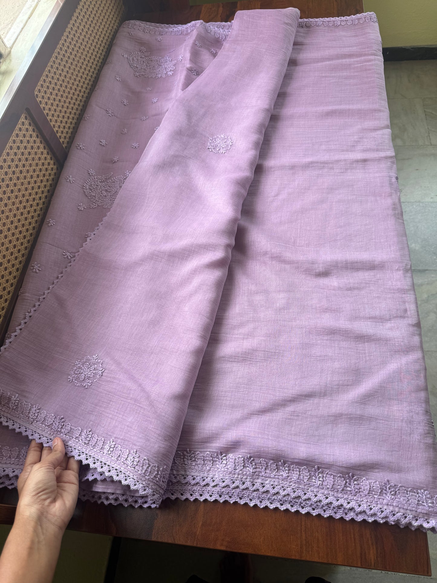 Pure Mul Chanderi Chikankari Saree with Jaal Pallu & Blouse - Lavender