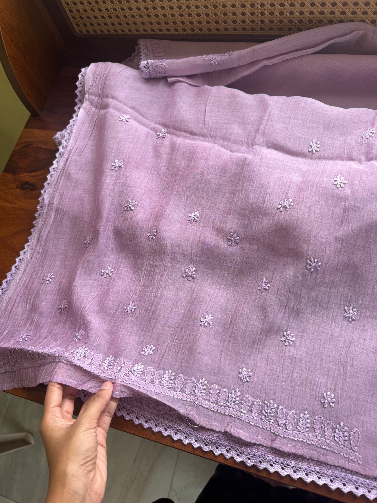 Pure Mul Chanderi Chikankari Saree with Jaal Pallu & Blouse - Lavender