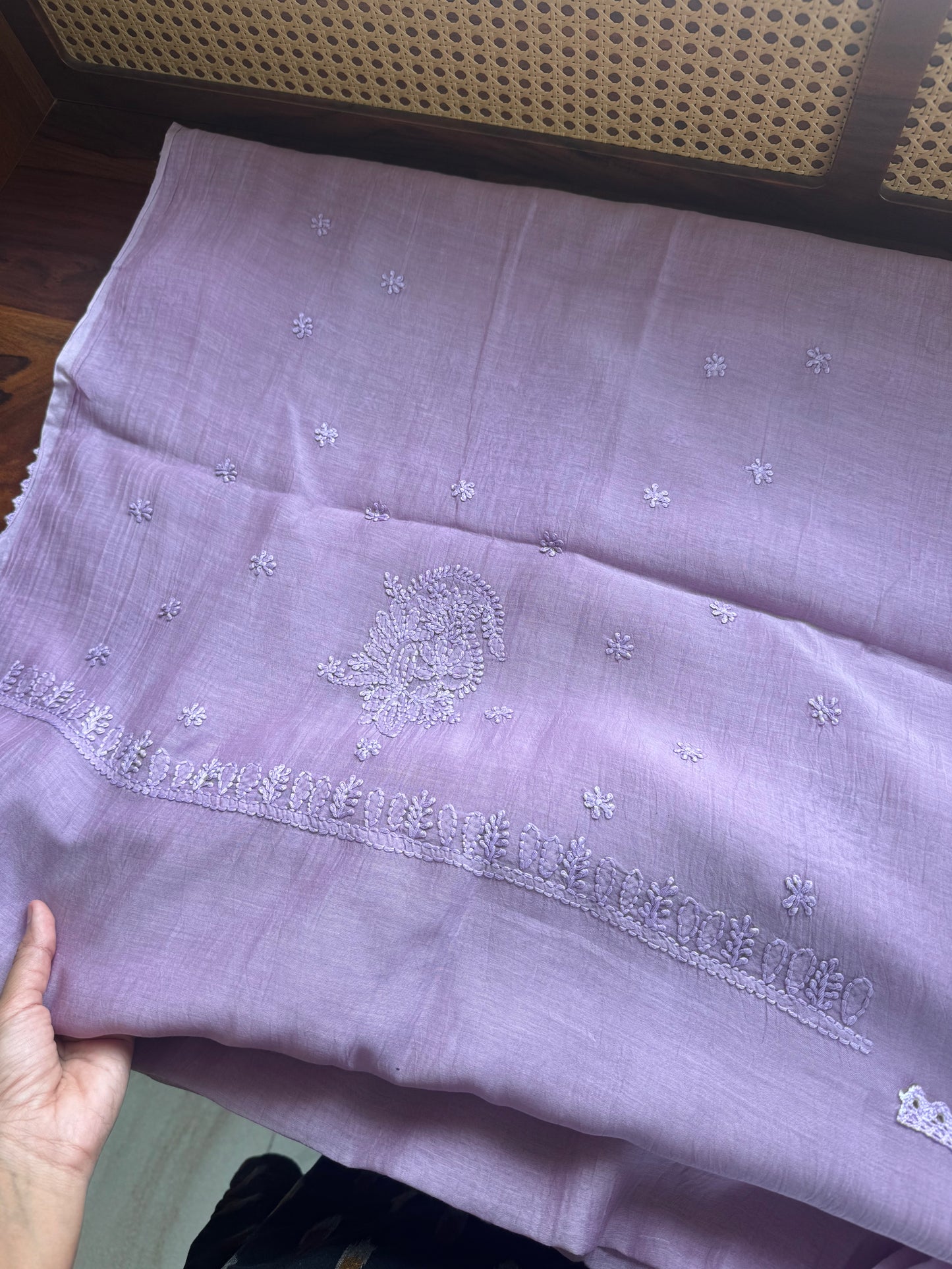 Pure Mul Chanderi Chikankari Saree with Jaal Pallu & Blouse - Lavender
