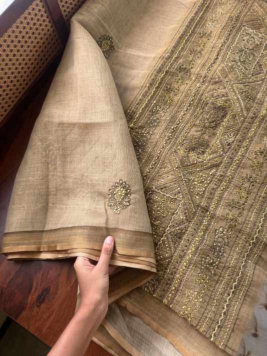 Premium Tissue Linen Sarees with heavy blouse - Henna Green
