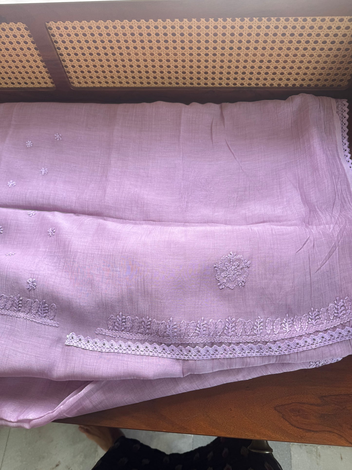 Pure Mul Chanderi Chikankari Saree with Jaal Pallu & Blouse - Lavender