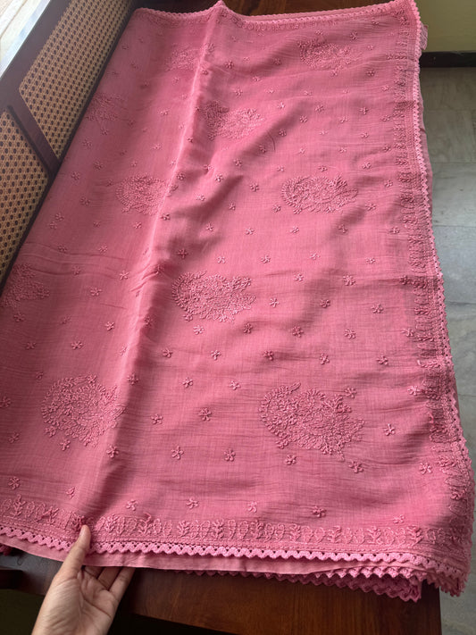 Pure Mul Chanderi Chikankari Saree with Jaal Pallu & Blouse - Pink