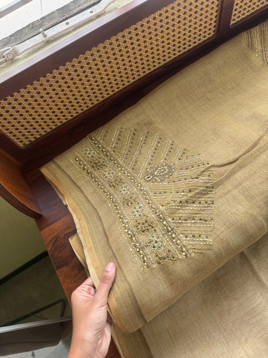 Premium Tissue Linen Sarees with heavy blouse - Henna Green