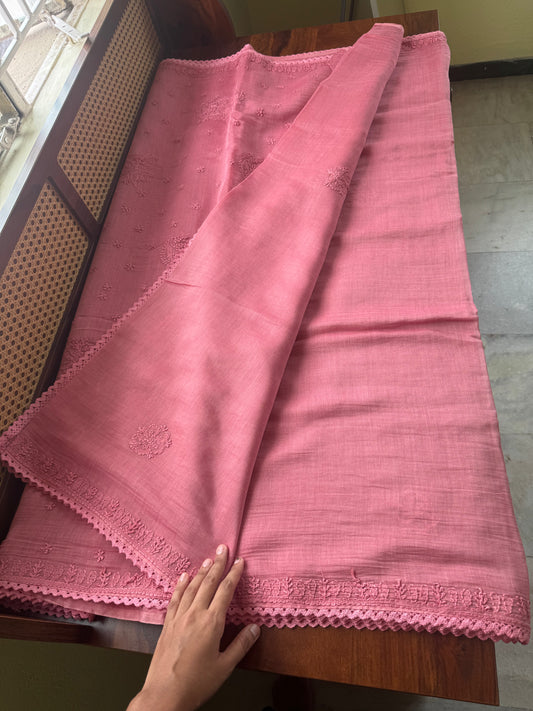 Pure Mul Chanderi Chikankari Saree with Jaal Pallu & Blouse - Pink