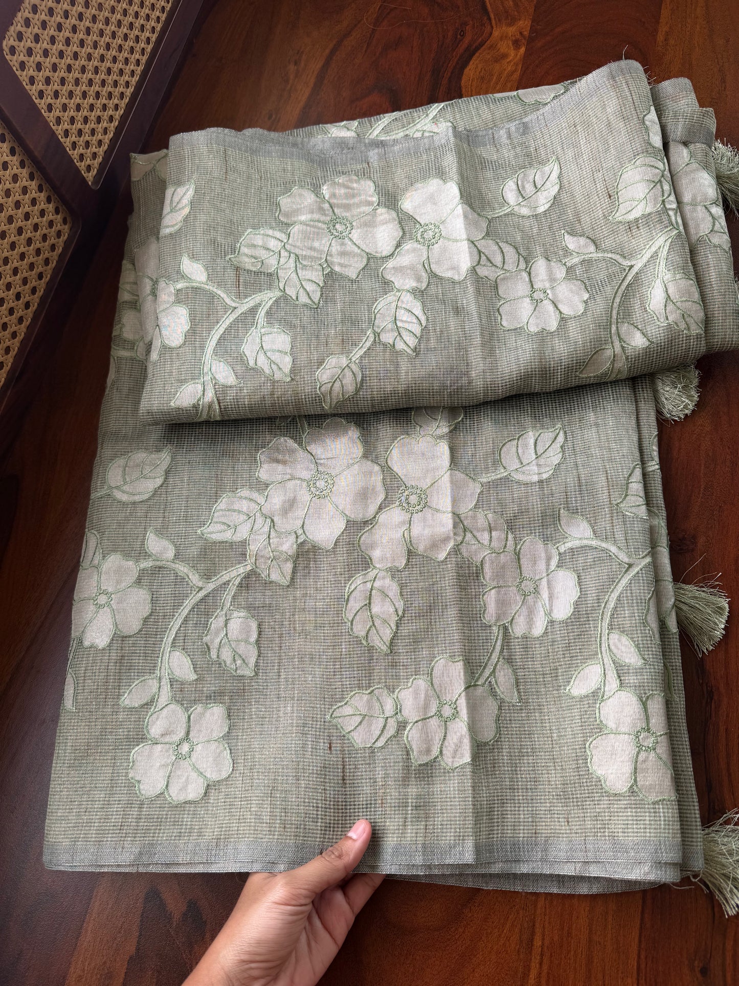 Tissue Applique Sarees - Sage Green