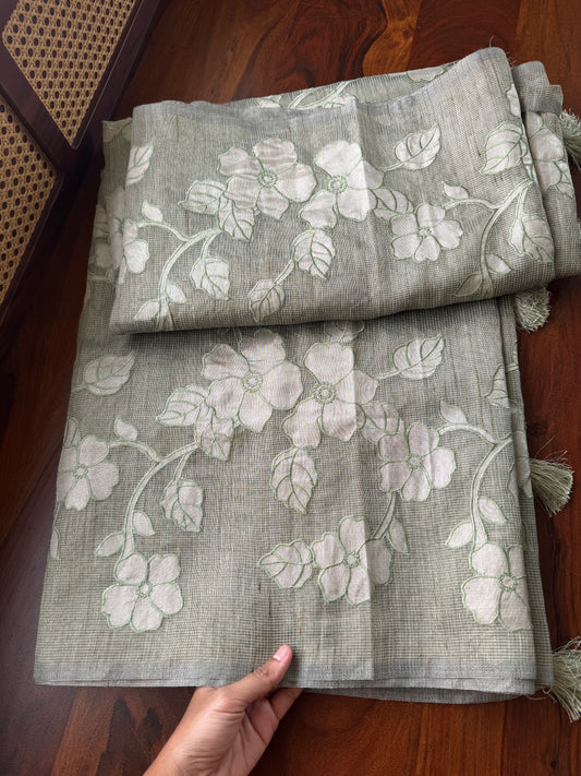 Tissue Applique Sarees - Sage Green
