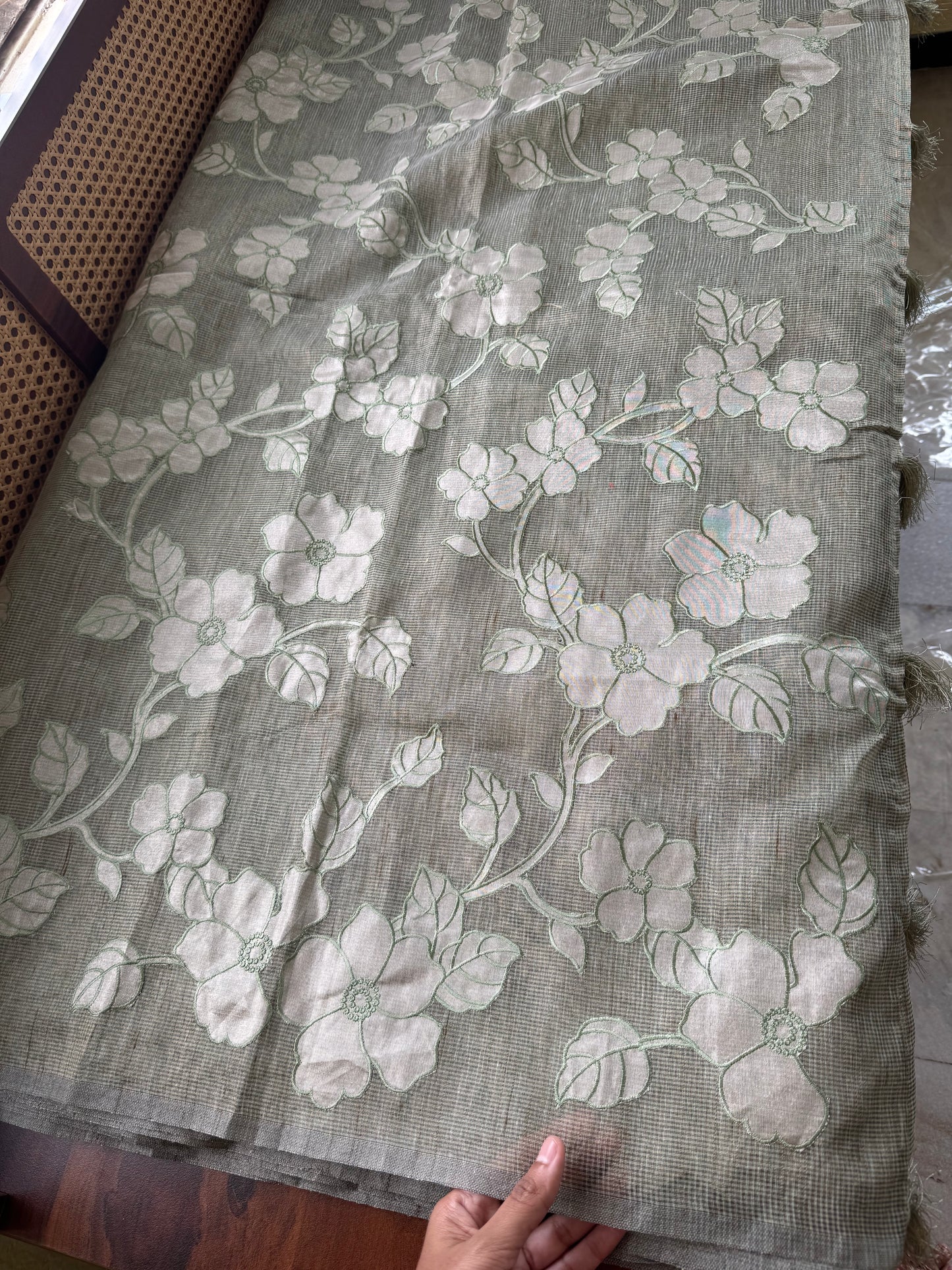 Tissue Applique Sarees - Sage Green