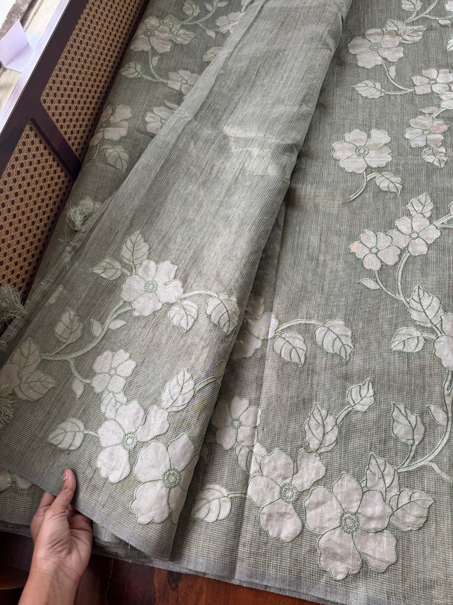 Tissue Applique Sarees - Sage Green
