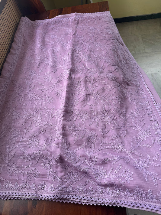 Pure Mul Chanderi Chikankari Saree with Jaal Pallu & Blouse - Lavender