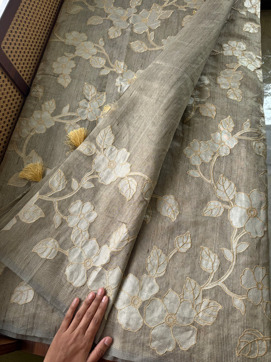 Tissue Applique Sarees - Grey Golden