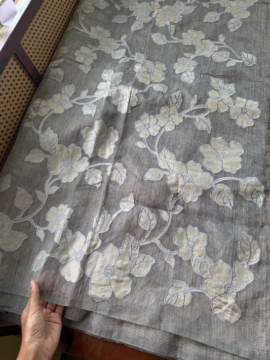 Tissue Applique Sarees - Grey Blue