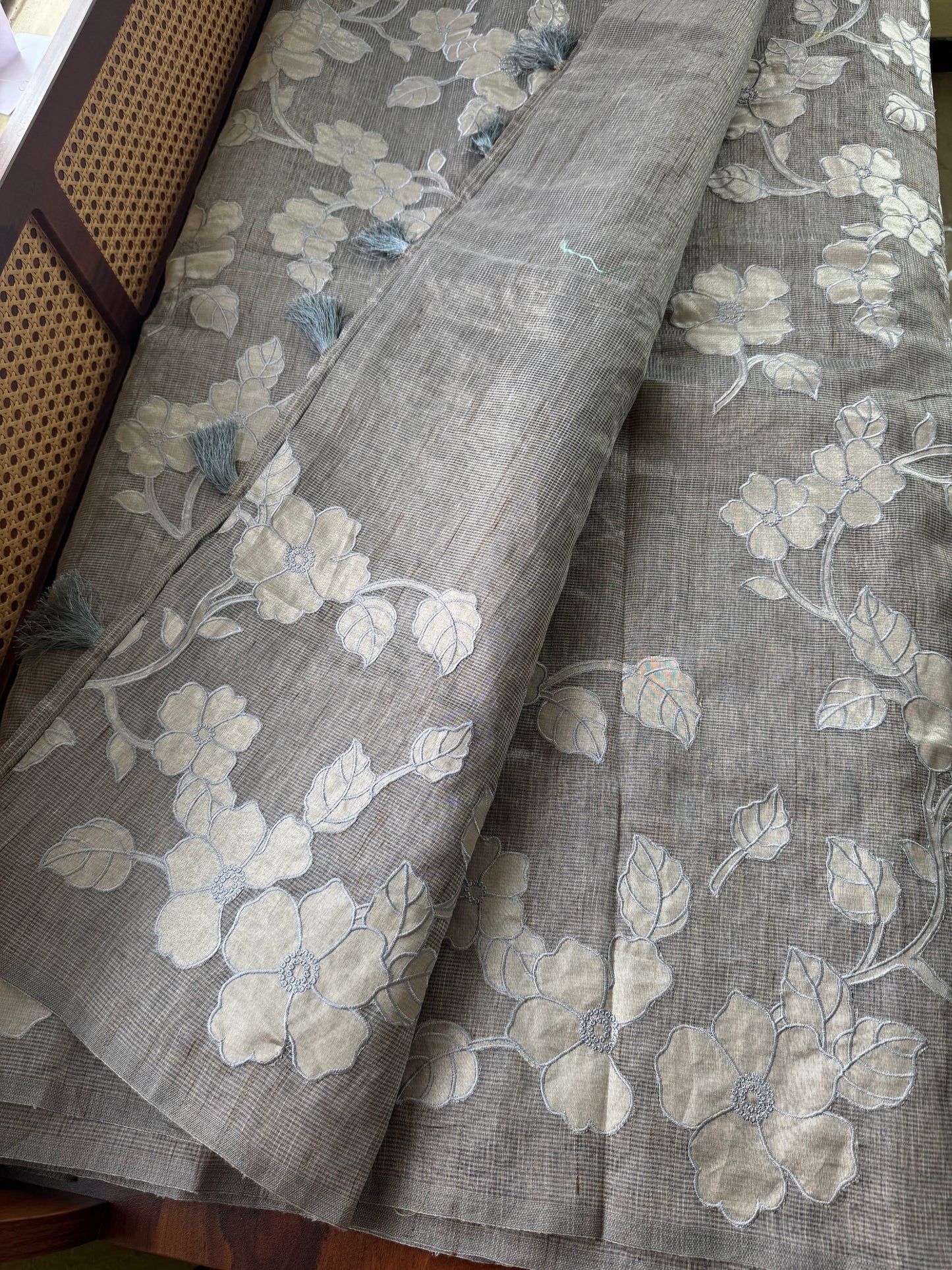 Tissue Applique Sarees - Grey Blue