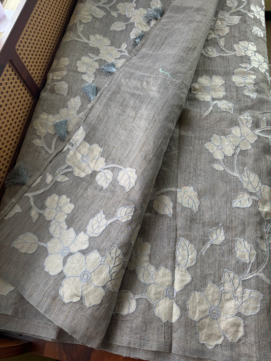 Tissue Applique Sarees - Grey Blue