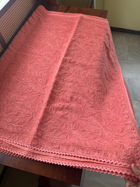 Pure Mul Chanderi Chikankari Saree with Jaal Pallu & Blouse - Peach