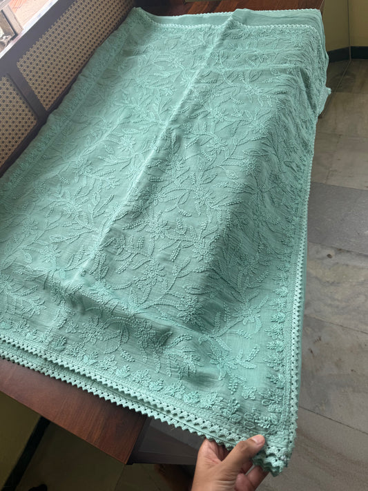 Pure Mul Chanderi Chikankari Saree with Jaal Pallu & Blouse - Sea Green