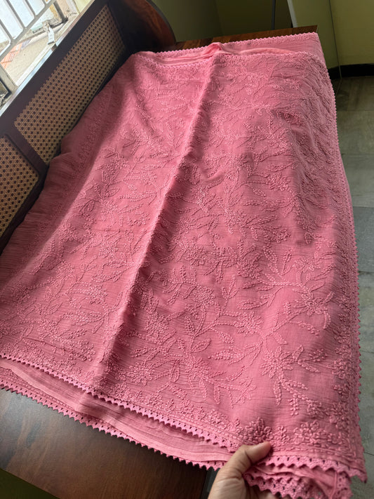 Pure Mul Chanderi Chikankari Saree with Jaal Pallu & Blouse - Pink