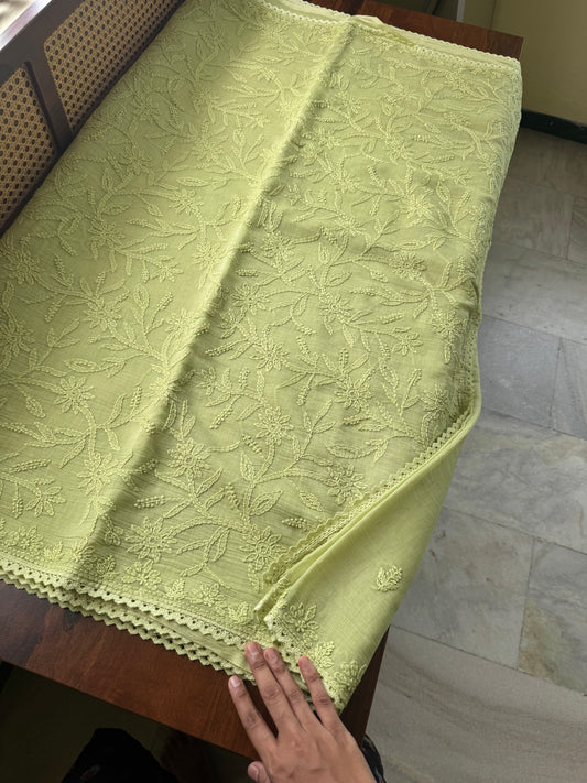 Pure Mul Chanderi Chikankari Saree with Jaal Pallu & Blouse - Green