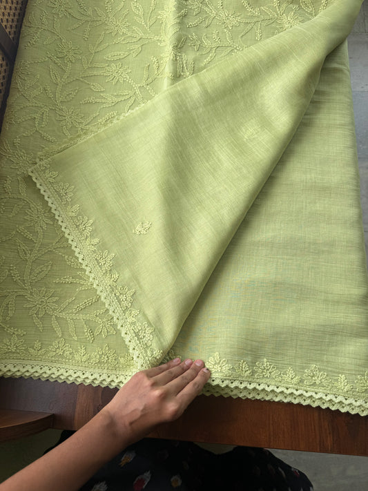 Pure Mul Chanderi Chikankari Saree with Jaal Pallu & Blouse - Green