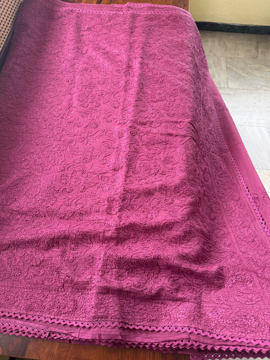 Pure Mul Chanderi Chikankari Saree with Jaal Pallu & Blouse - Magenta