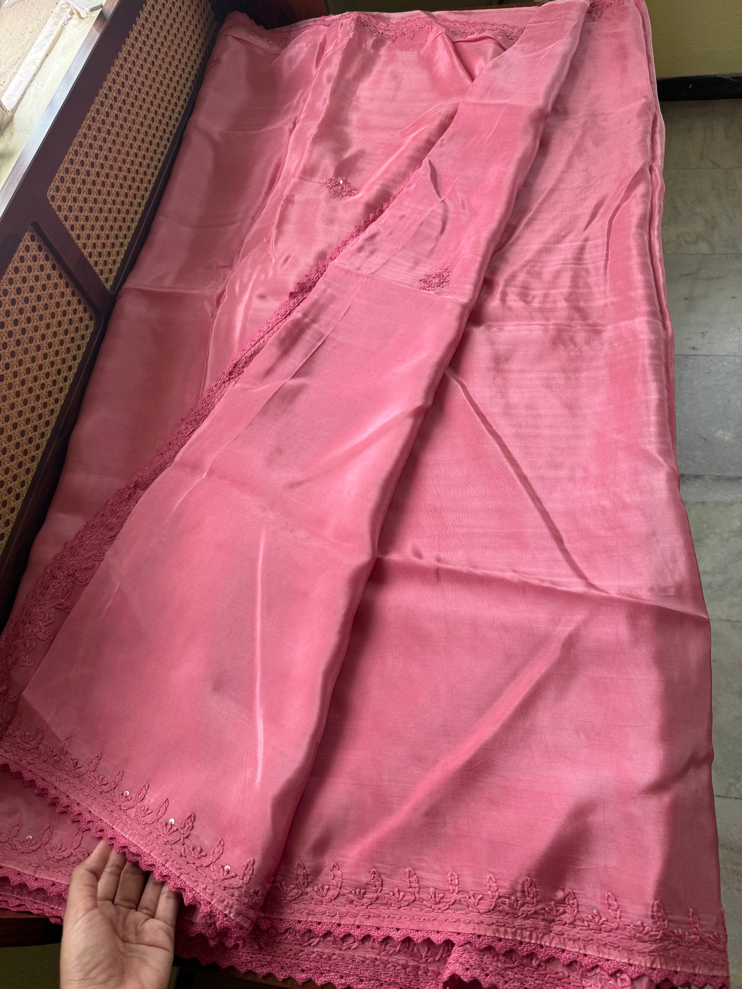Silk Crepe Chikankari Saree - Pink