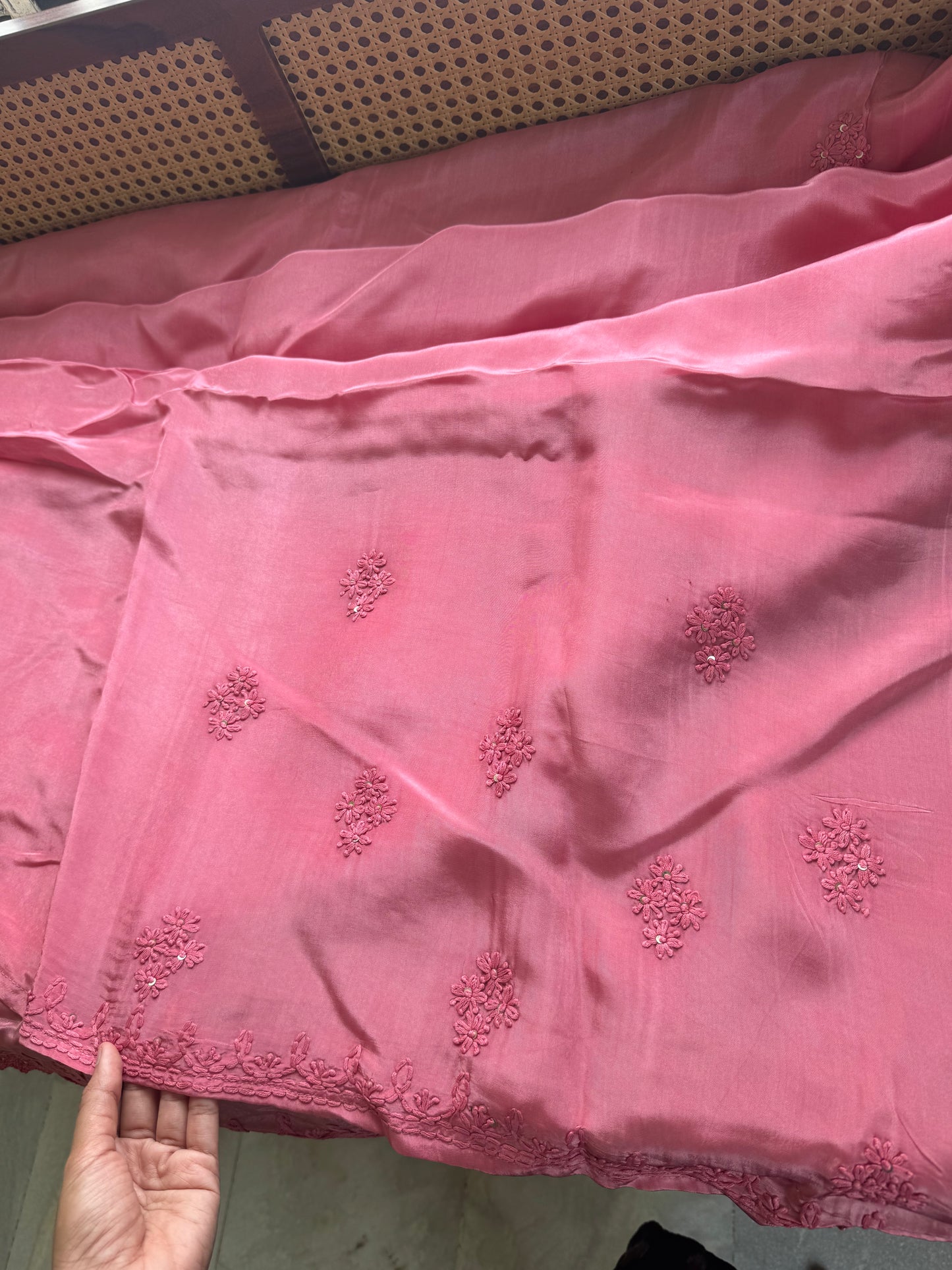 Silk Crepe Chikankari Saree - Pink