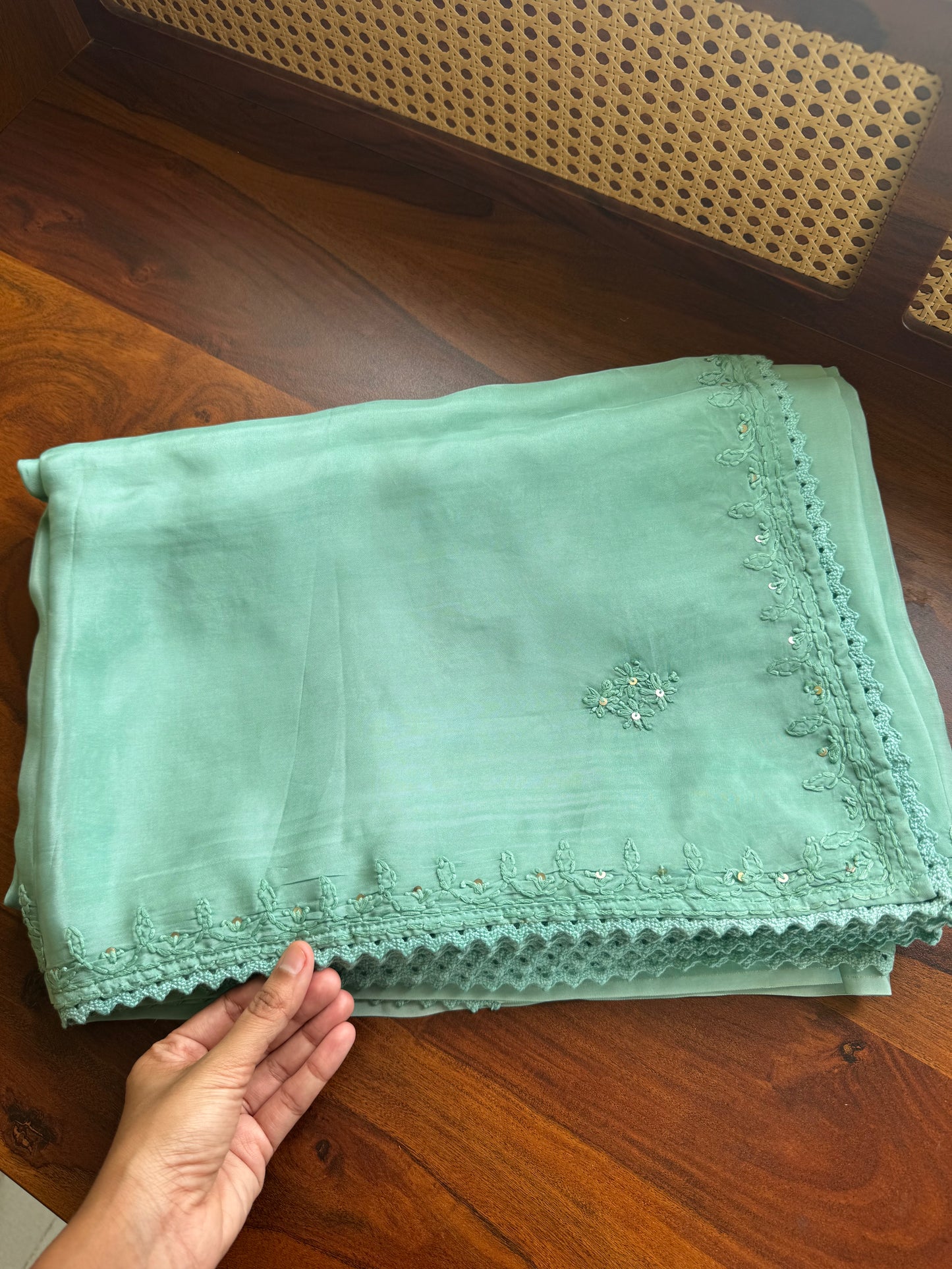 Silk Crepe Chikankari Saree - Sea Green