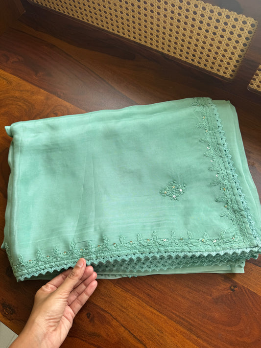 Silk Crepe Chikankari Saree - Sea Green