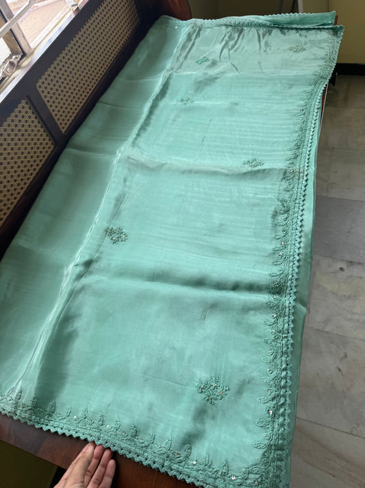 Silk Crepe Chikankari Saree - Sea Green