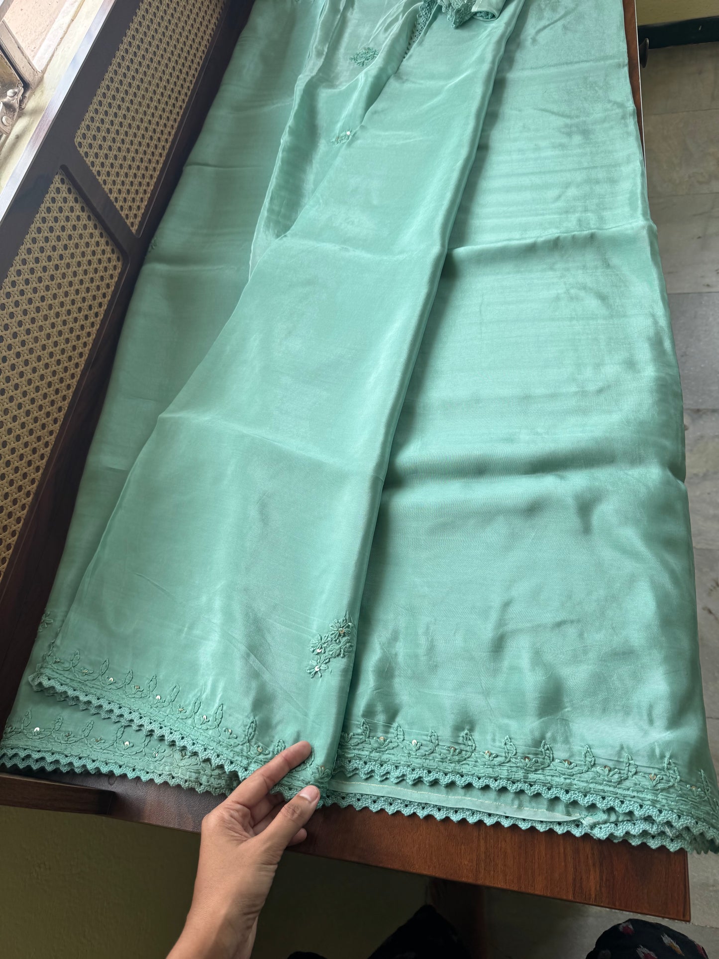 Silk Crepe Chikankari Saree - Sea Green