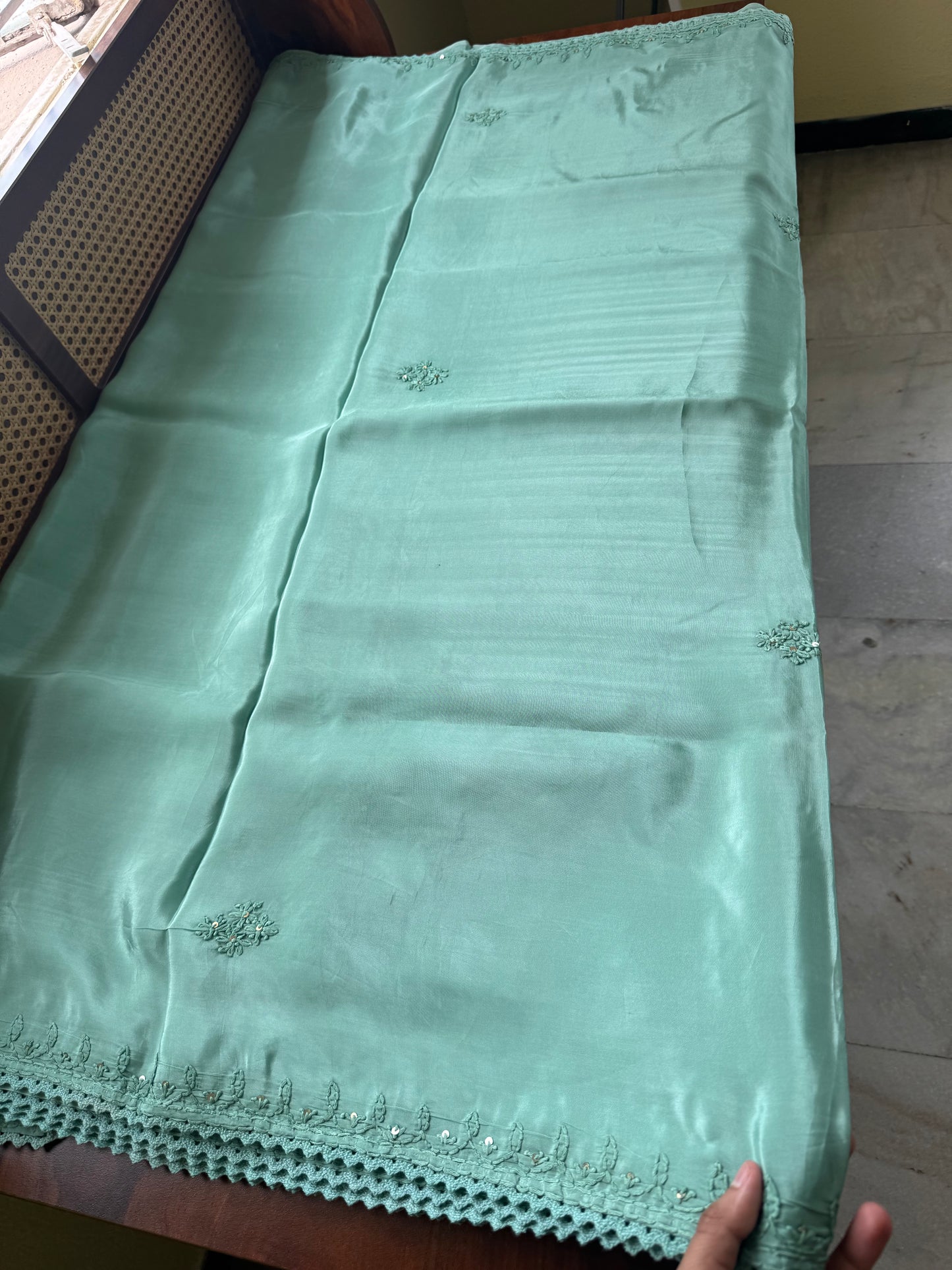 Silk Crepe Chikankari Saree - Sea Green