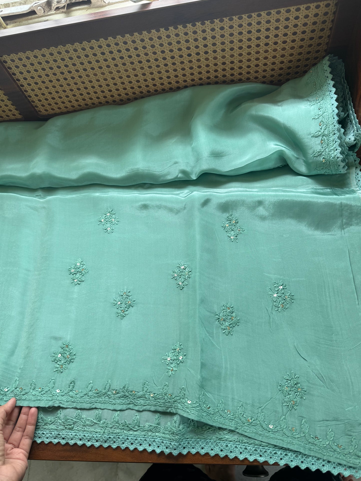 Silk Crepe Chikankari Saree - Sea Green