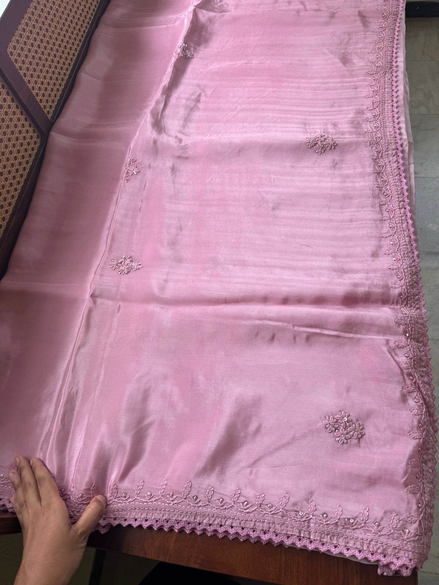 Silk Crepe Chikankari Saree - Lilac