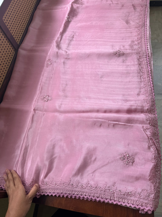 Silk Crepe Chikankari Saree - Lilac