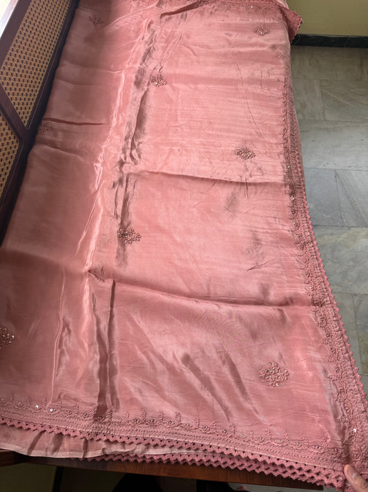 Silk Crepe Chikankari Saree - Copper