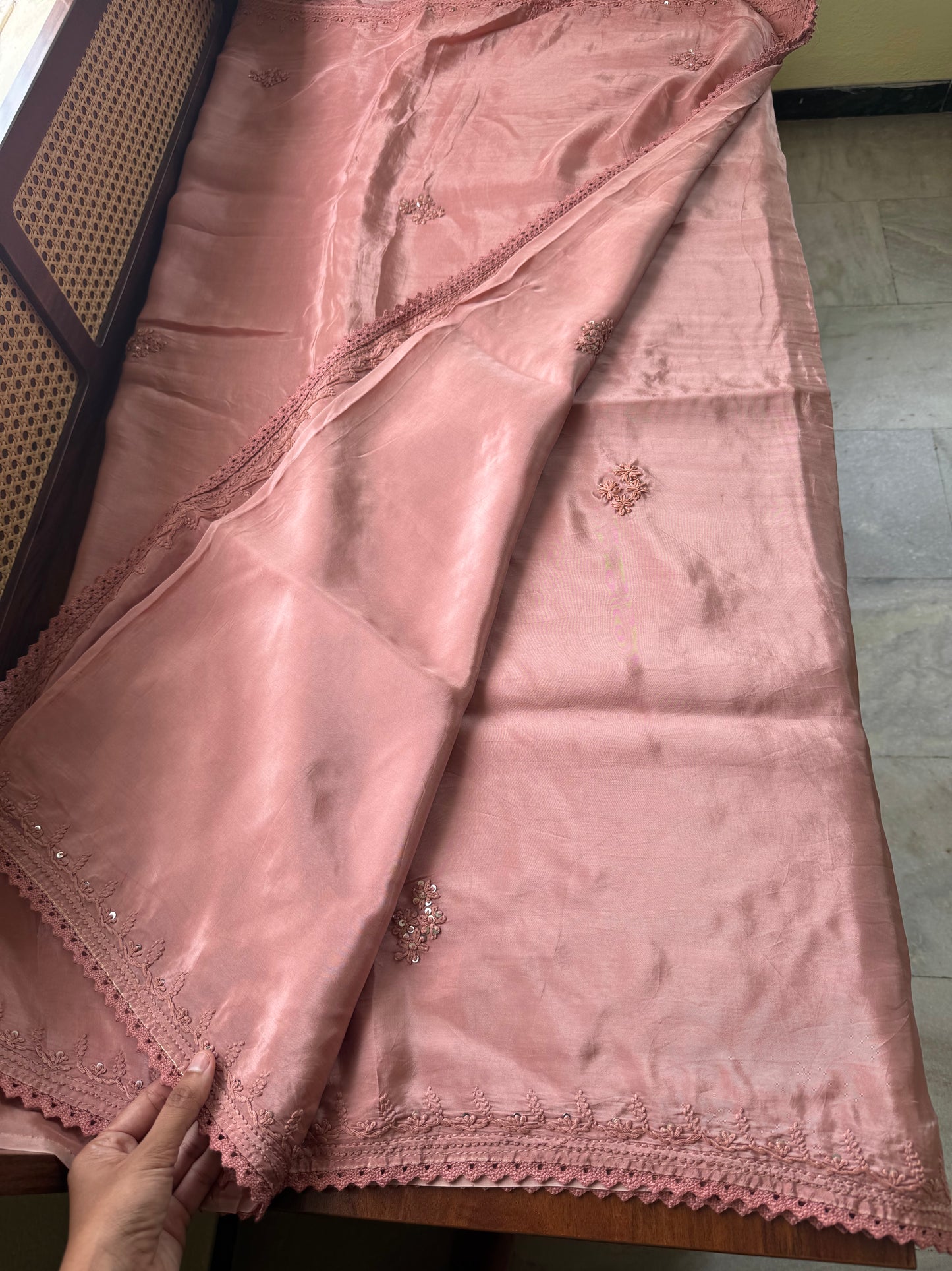 Silk Crepe Chikankari Saree - Copper