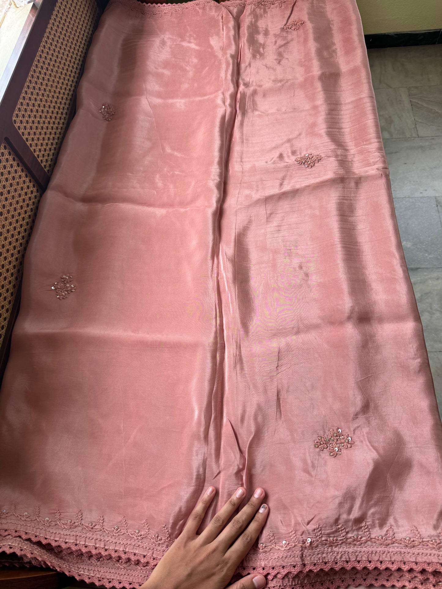 Silk Crepe Chikankari Saree - Copper