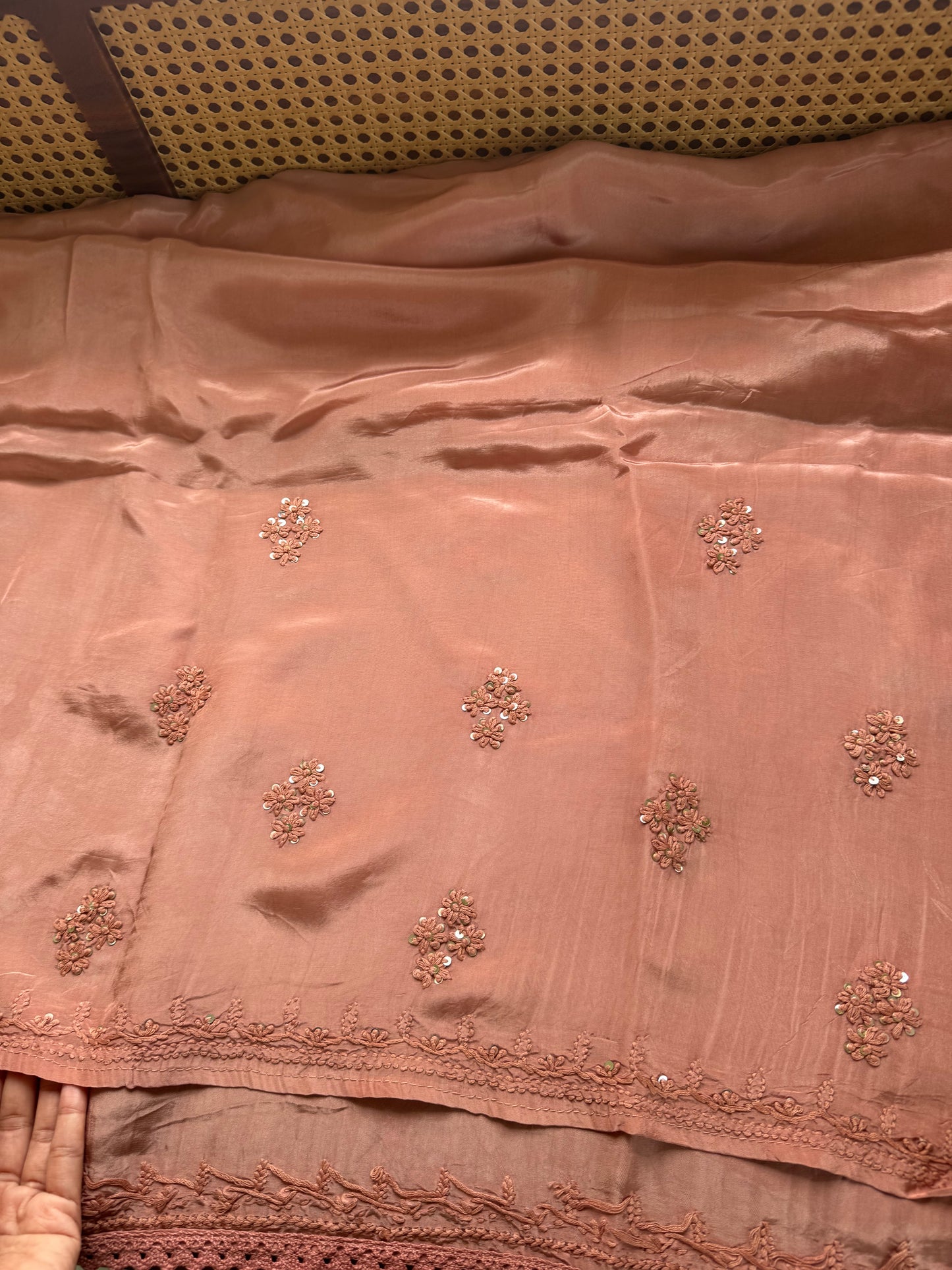 Silk Crepe Chikankari Saree - Copper