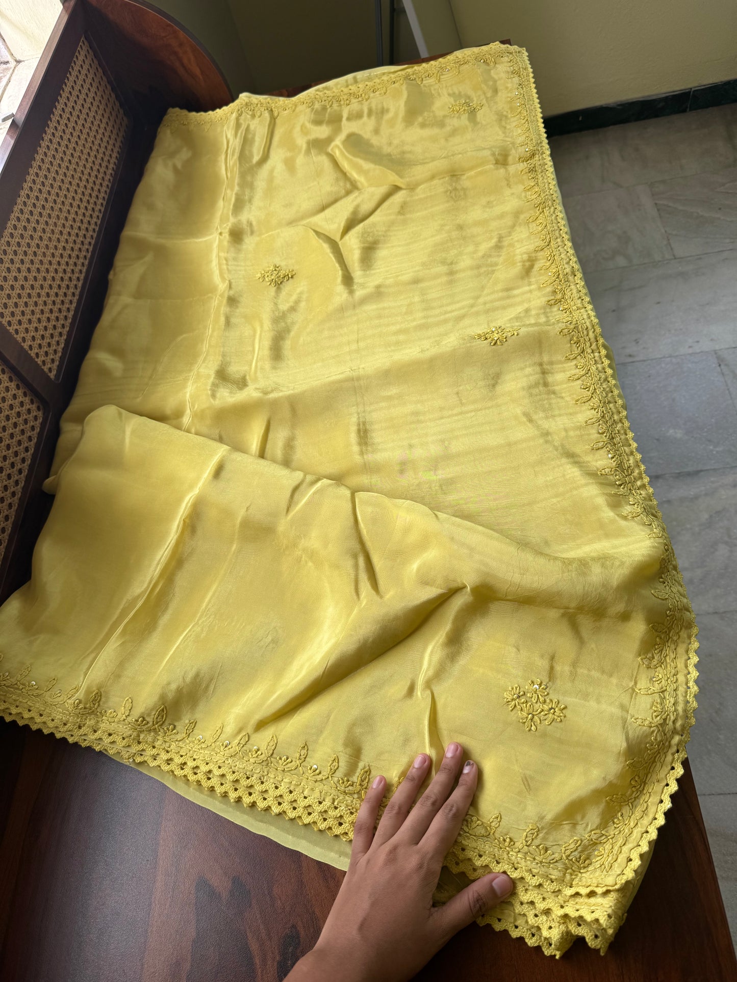 Silk Crepe Chikankari Saree - Yellow