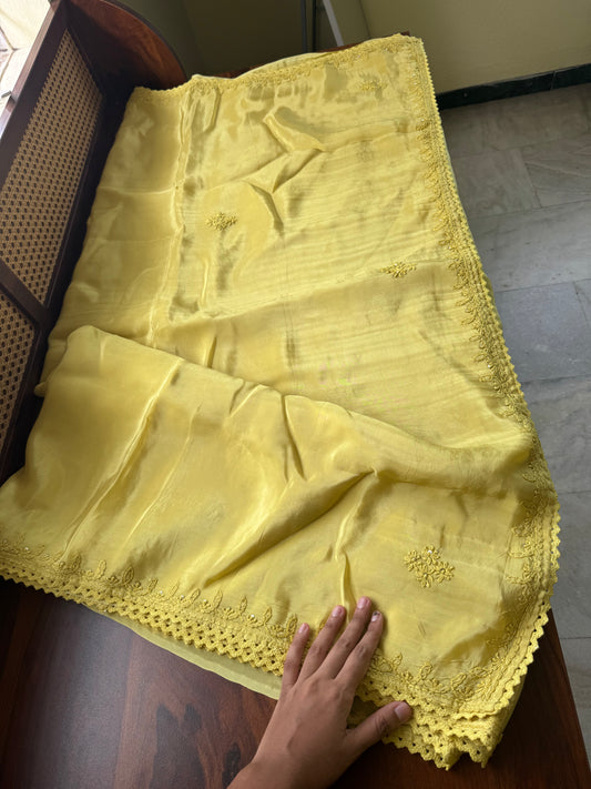 Silk Crepe Chikankari Saree - Yellow