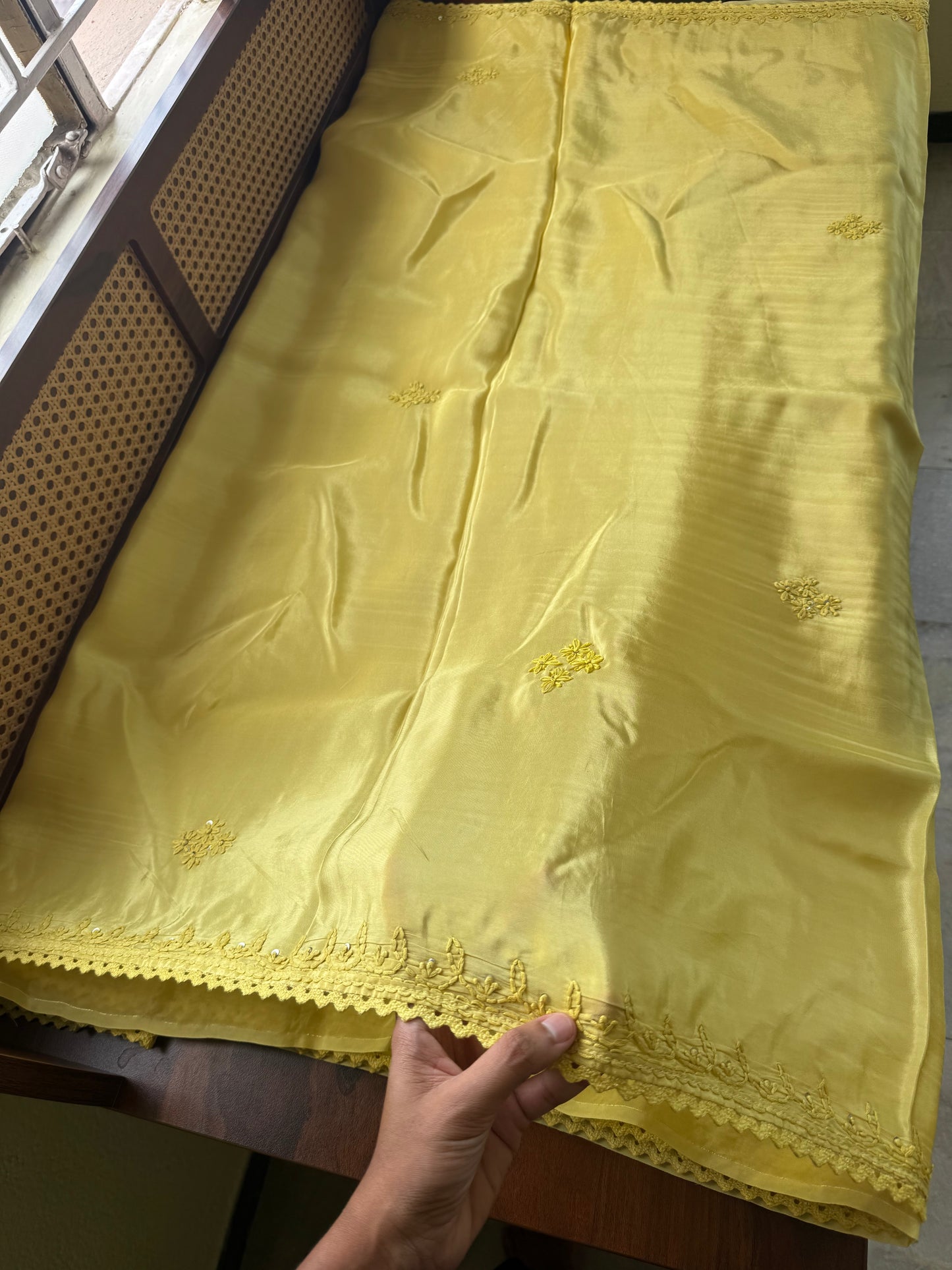 Silk Crepe Chikankari Saree - Yellow