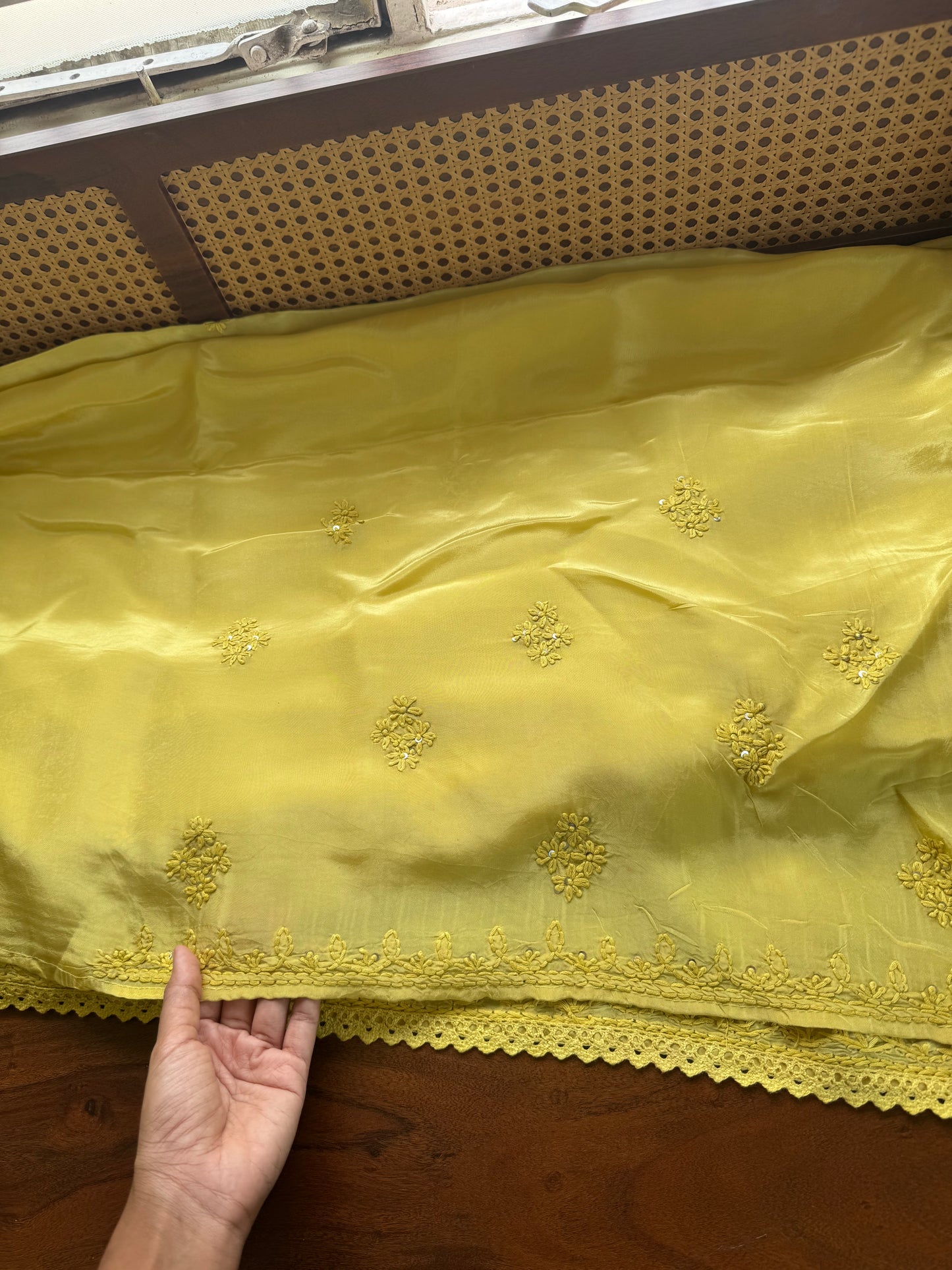 Silk Crepe Chikankari Saree - Yellow
