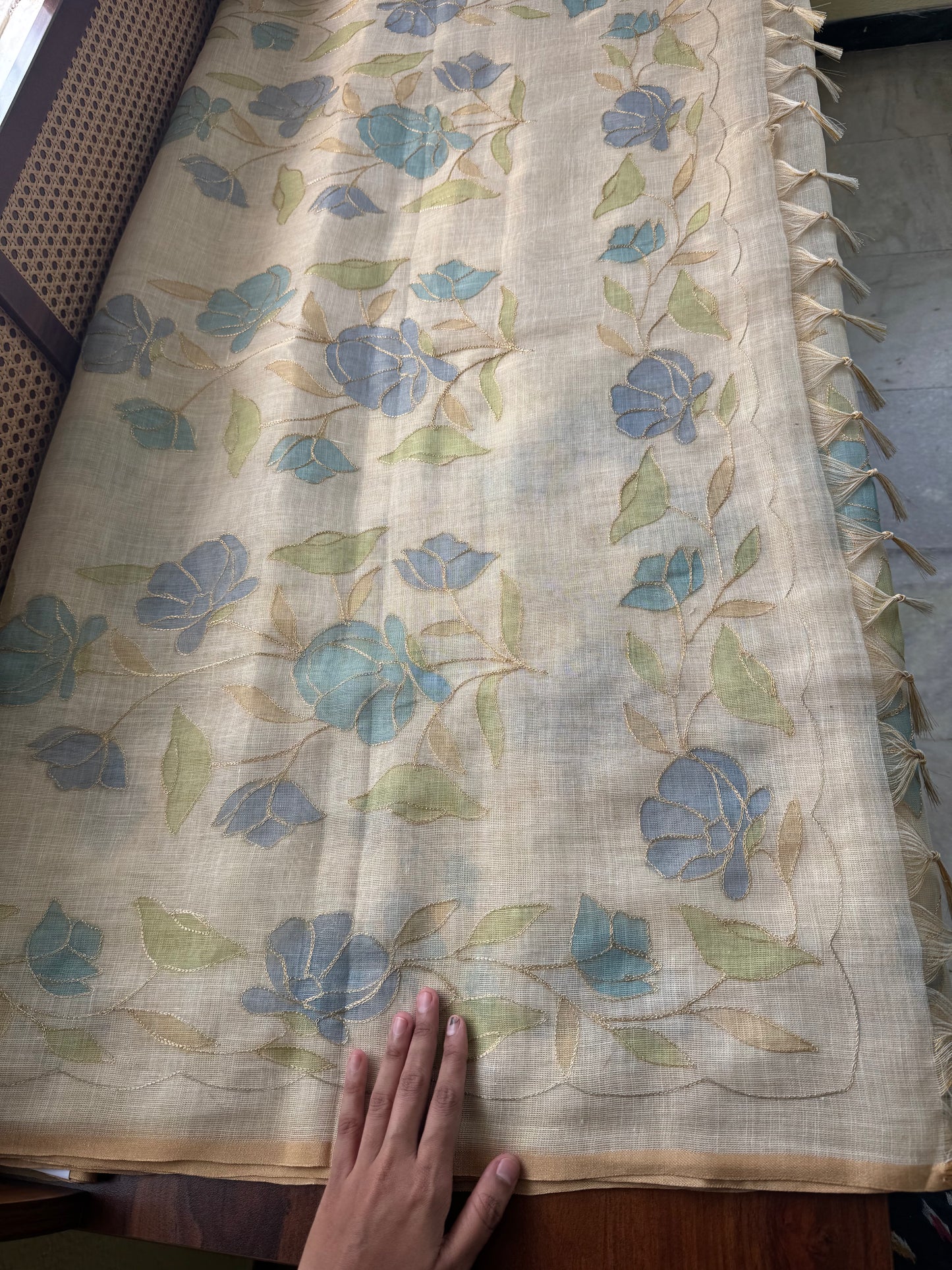 Tissue Linen Saree with Aari work - Beige & Blue