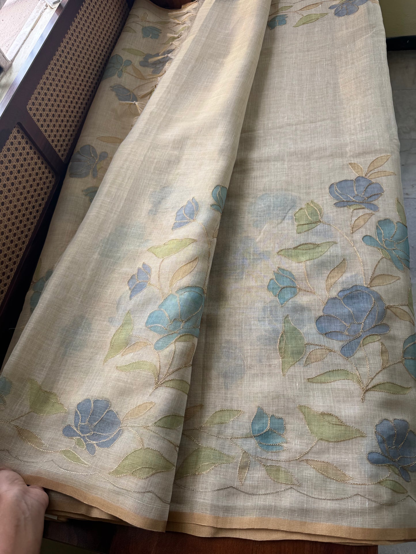 Tissue Linen Saree with Aari work - Beige & Blue