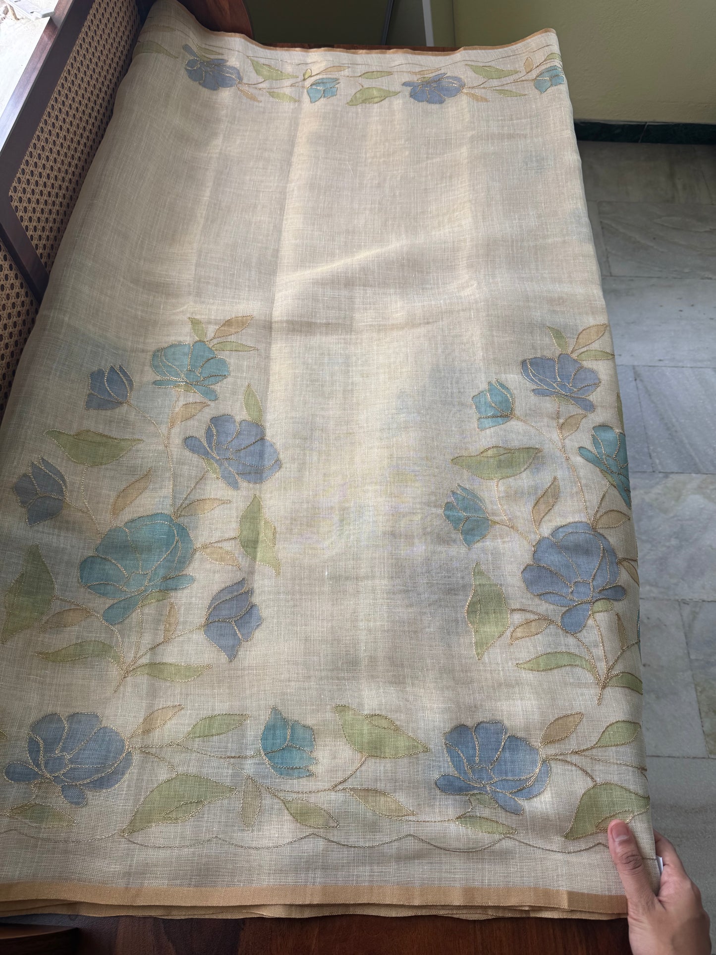 Tissue Linen Saree with Aari work - Beige & Blue