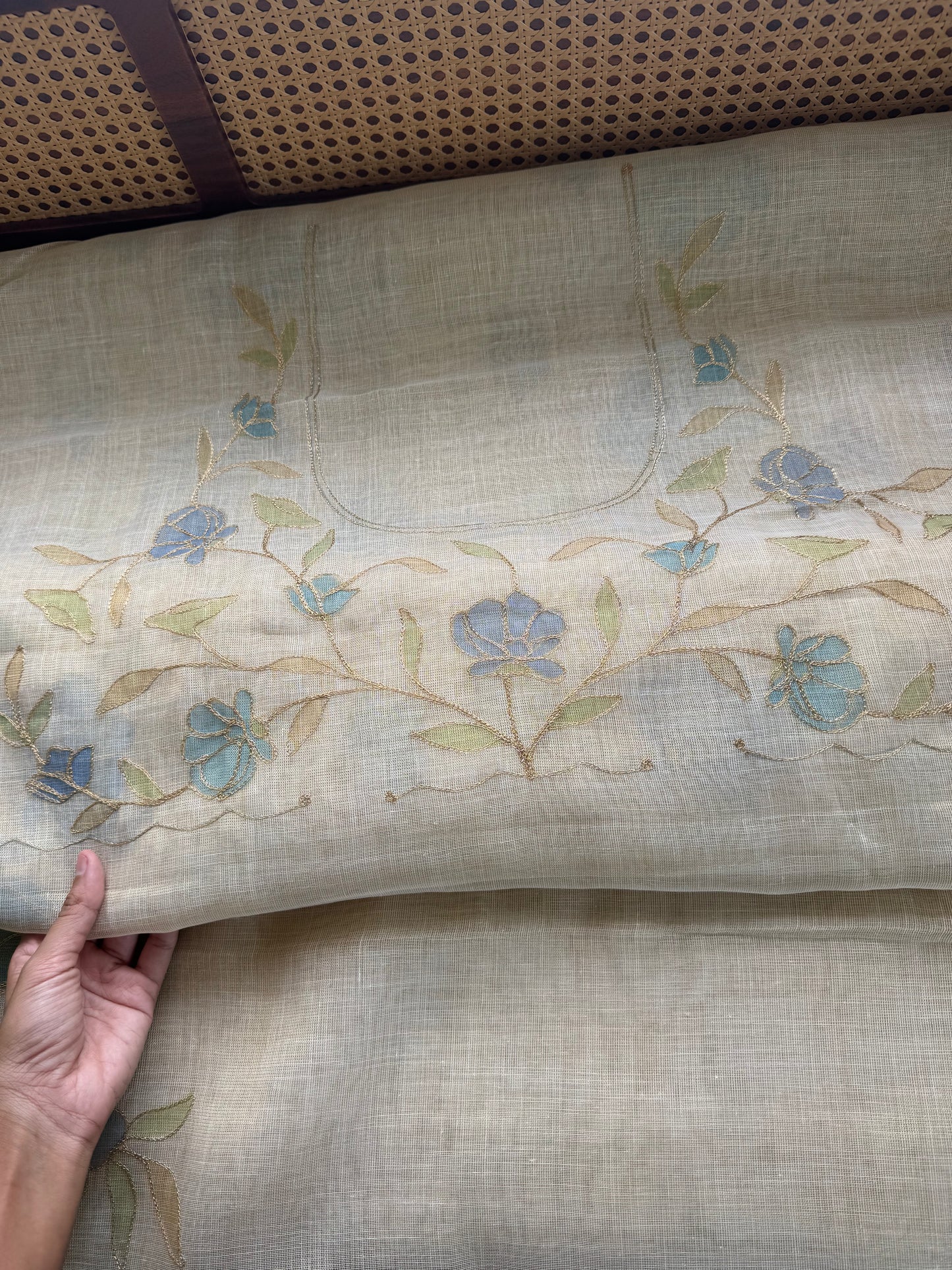 Tissue Linen Saree with Aari work - Beige & Blue