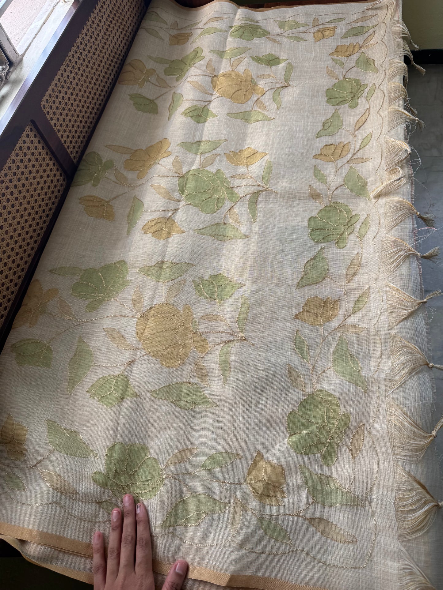 Tissue Linen Saree with Aari work - Beige & Green