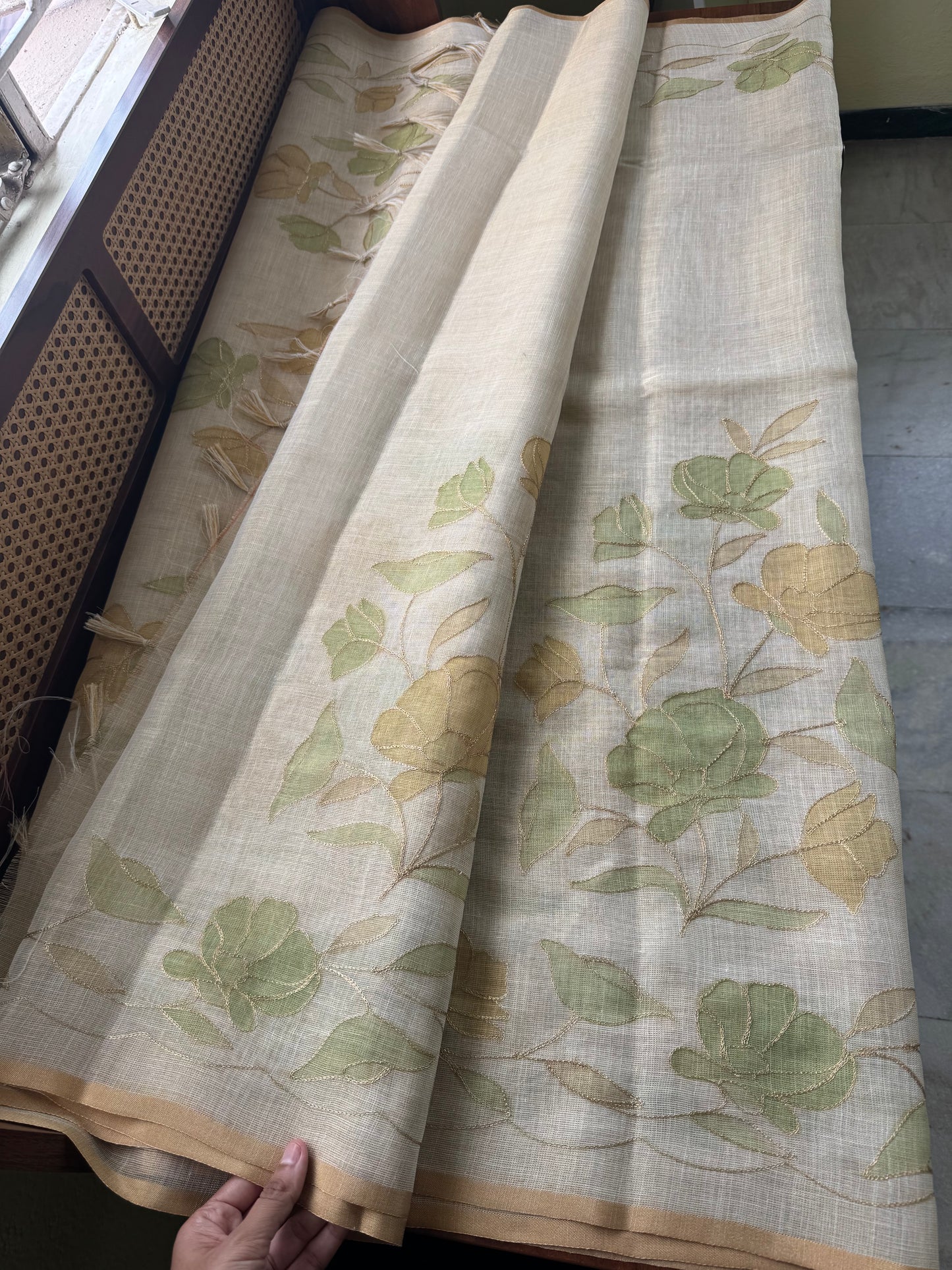 Tissue Linen Saree with Aari work - Beige & Green