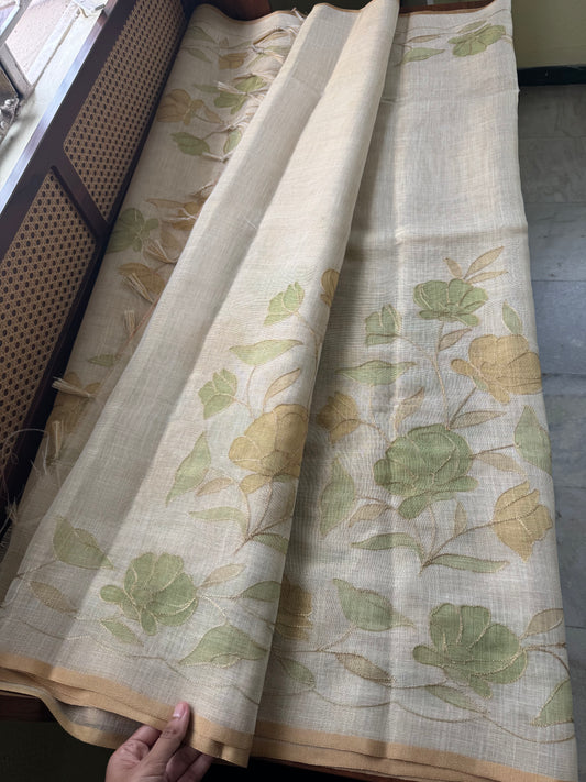 Tissue Linen Saree with Aari work - Beige & Green